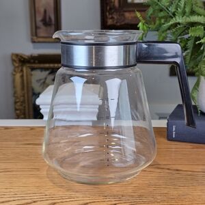 Vintage Pyrex 12 Cup Glass Coffee Carafe Server with Black Handle and Silver Ban